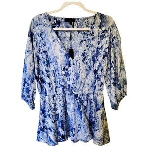 Donna Karan Women's Print V Neck Elastic Waist Blouse Blue Size Medium NWT
